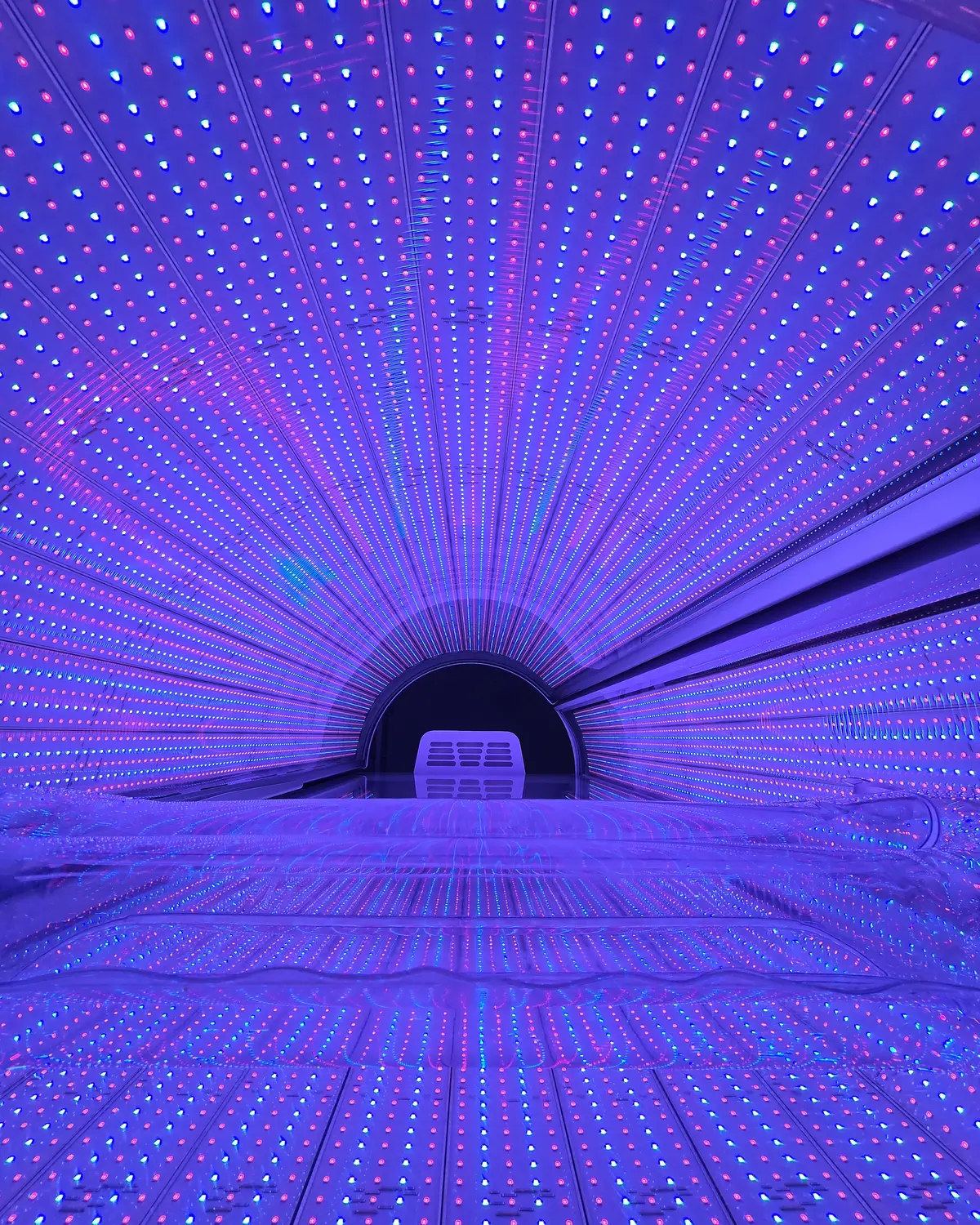Looking into one of the beds: rows of blue and red LEDs curving overhead